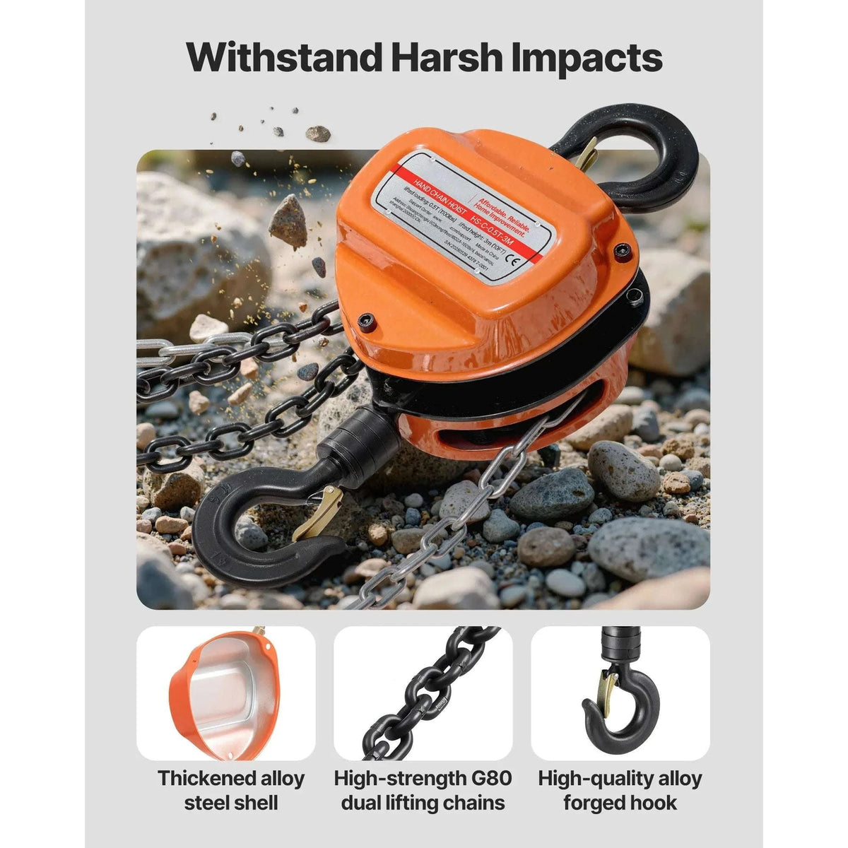 Manual Chain Hoist 1100–6600 lbs with G80 Chain, 10ft/20ft Lift-2T 20FT / United States