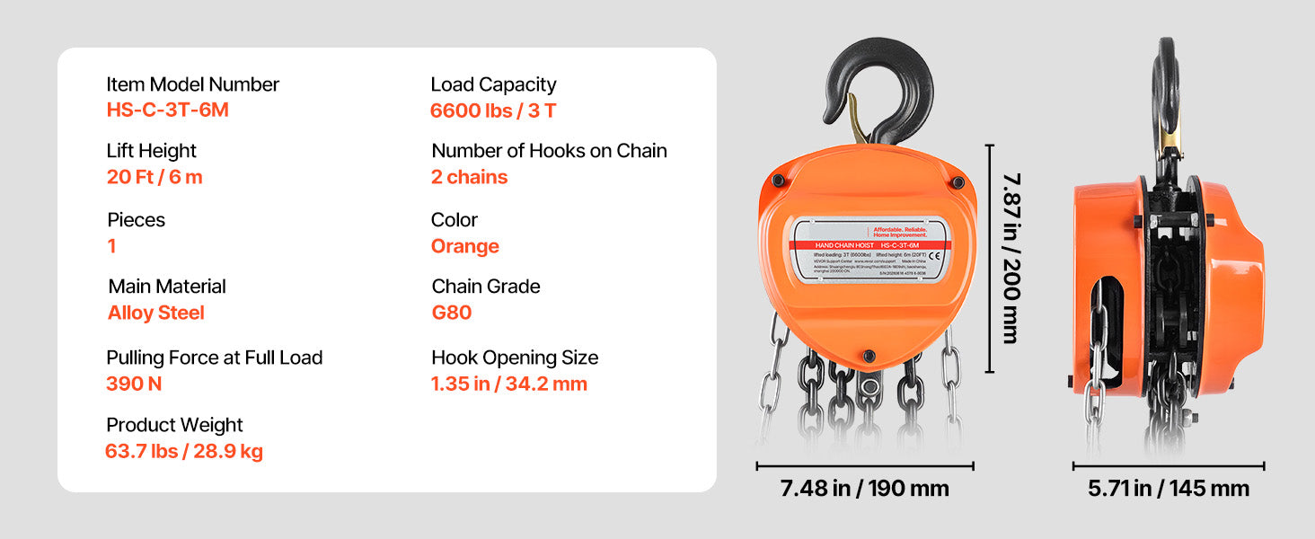 Manual Chain Hoist 1100–6600 lbs with G80 Chain, 10ft/20ft Lift