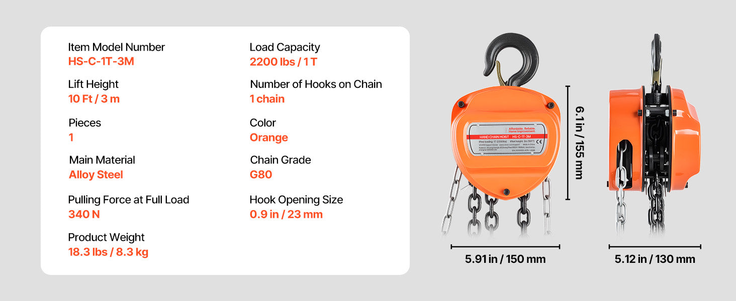 Manual Chain Hoist 1100–6600 lbs with G80 Chain, 10ft/20ft Lift