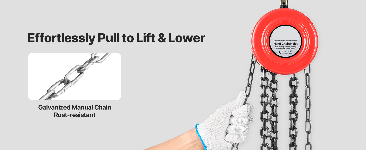 Manuell kedjeblock 1T/2T med 8–20 ft lyft för garage och lager