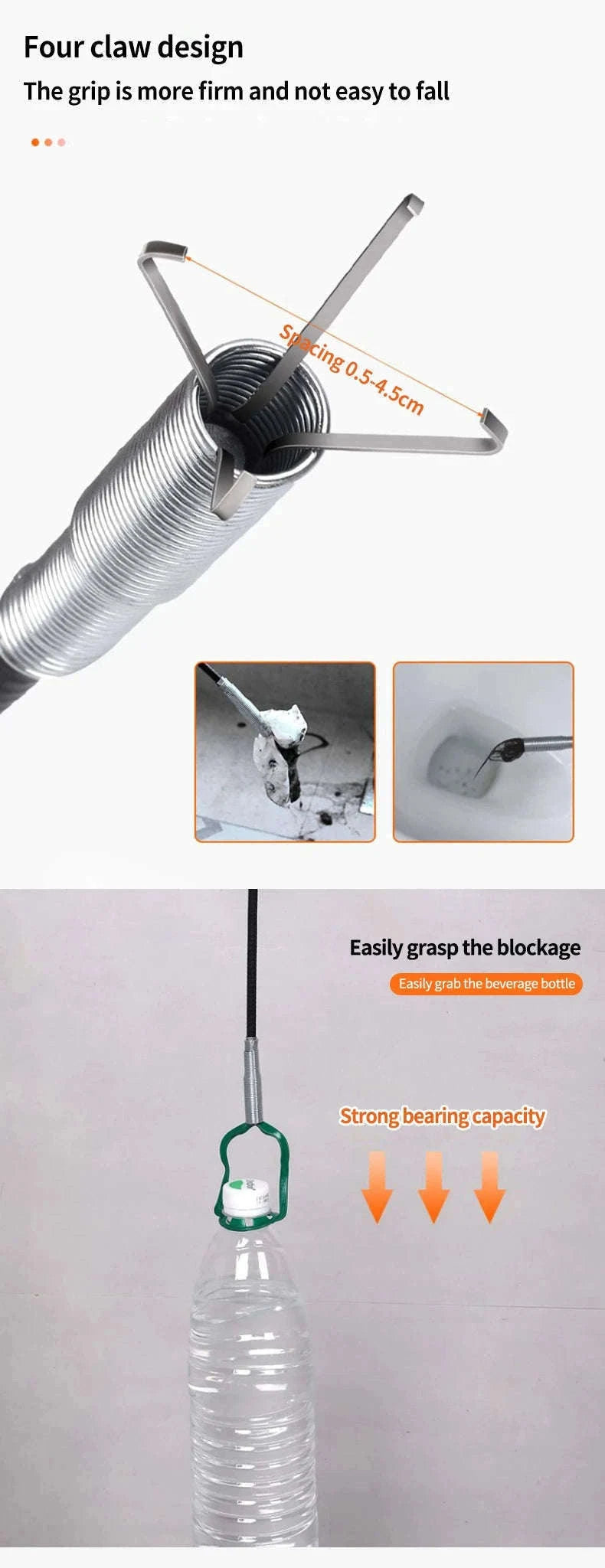 Manual Four-Claw Drain Cleaner Tool 60cm for Stubborn Clogs-Default Title