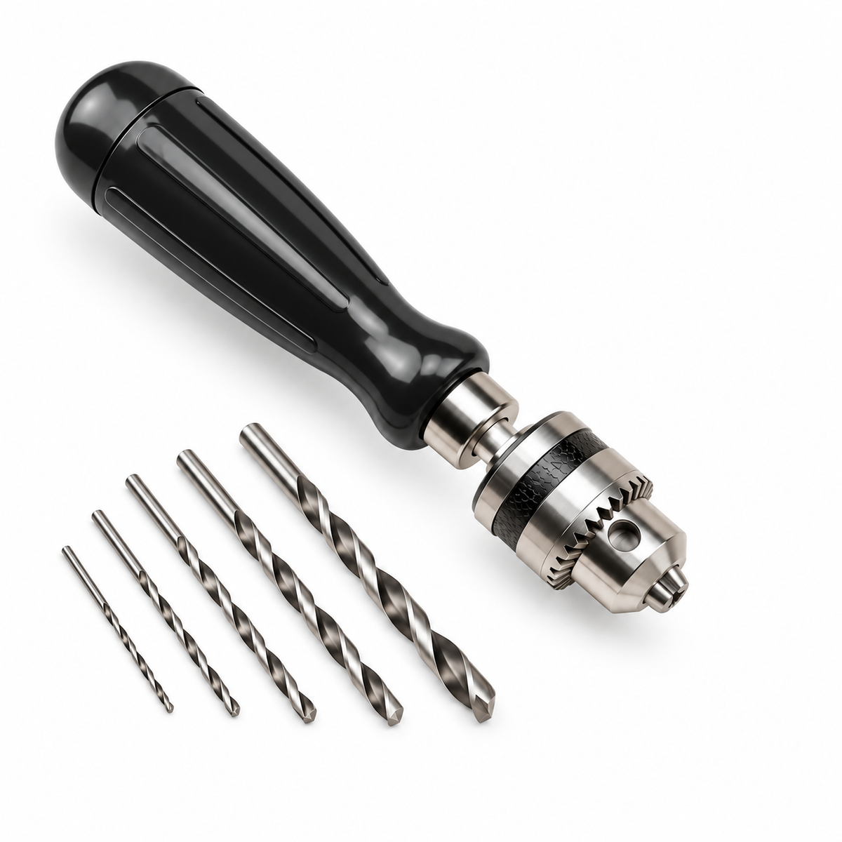 Black manual hand drill with empty chuck and five drill bits on white background