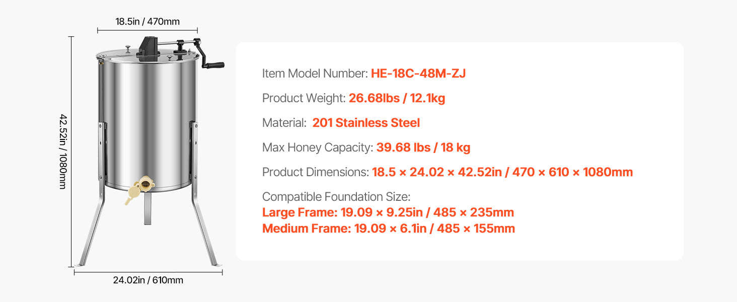 Manual Honey Extractor with Transparent Lid and Adjustable Stand-6 frames / Poland