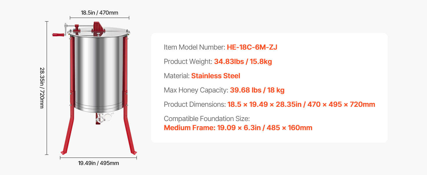 Manual Honey Extractor with Transparent Lid and Adjustable Stand-6 frames / Poland