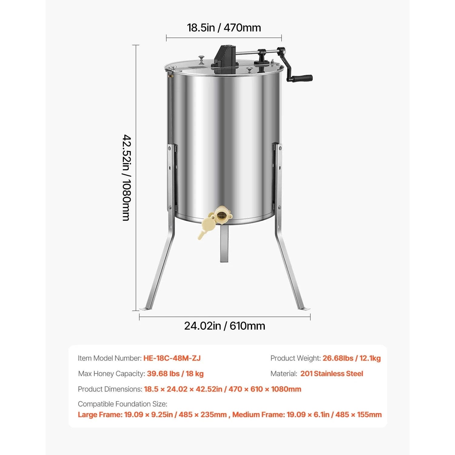 Manual Honey Extractor with Transparent Lid and Adjustable Stand-6 frames / Poland