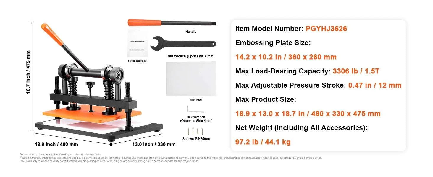 Manual Leather Cutting & Embossing Machine with 1.5T Pressure-36 x 26 cm / United States