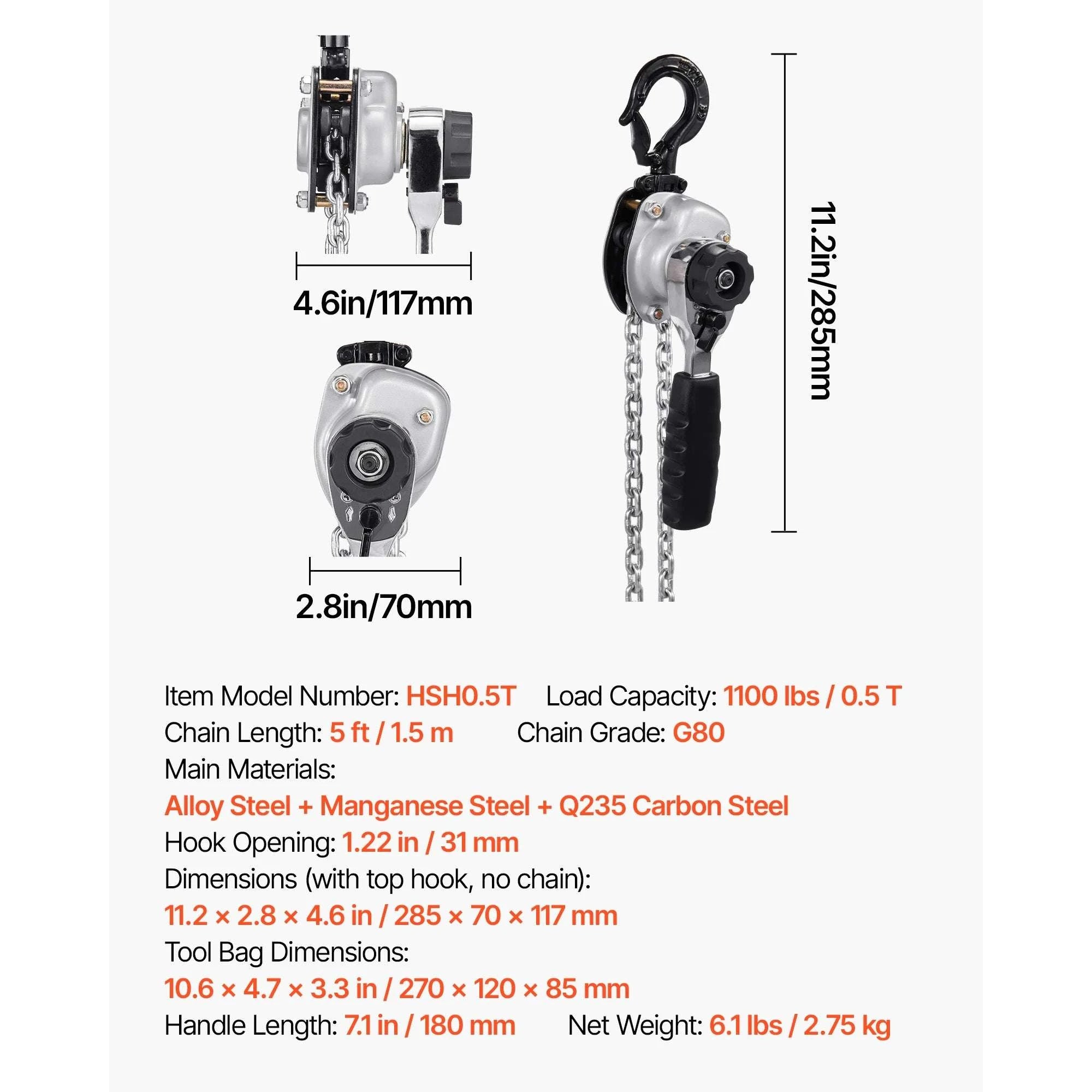 Manual Lever Chain Hoist 0.25–0.5 Ton with Dual Pawl Brake-0.25T 10ft / United States