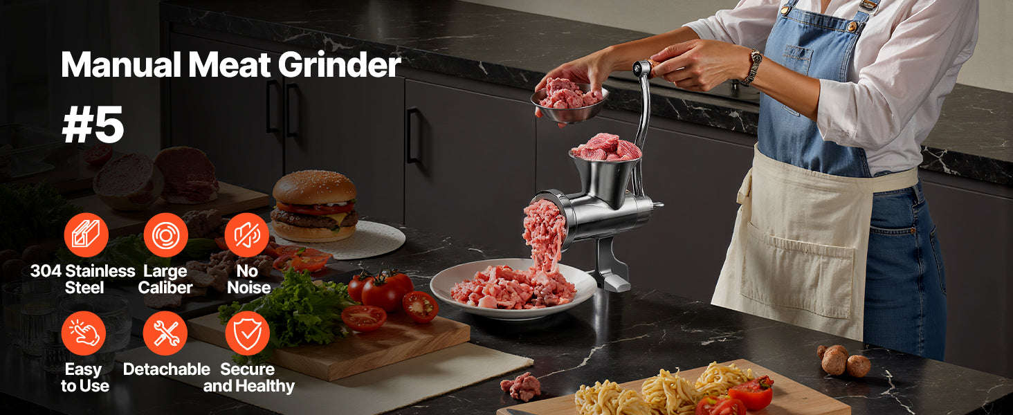 Manual Meat Grinder with Steel Table Clamp, 2 Cutting Plates & Sausage Tubes-5 Caliber / United States