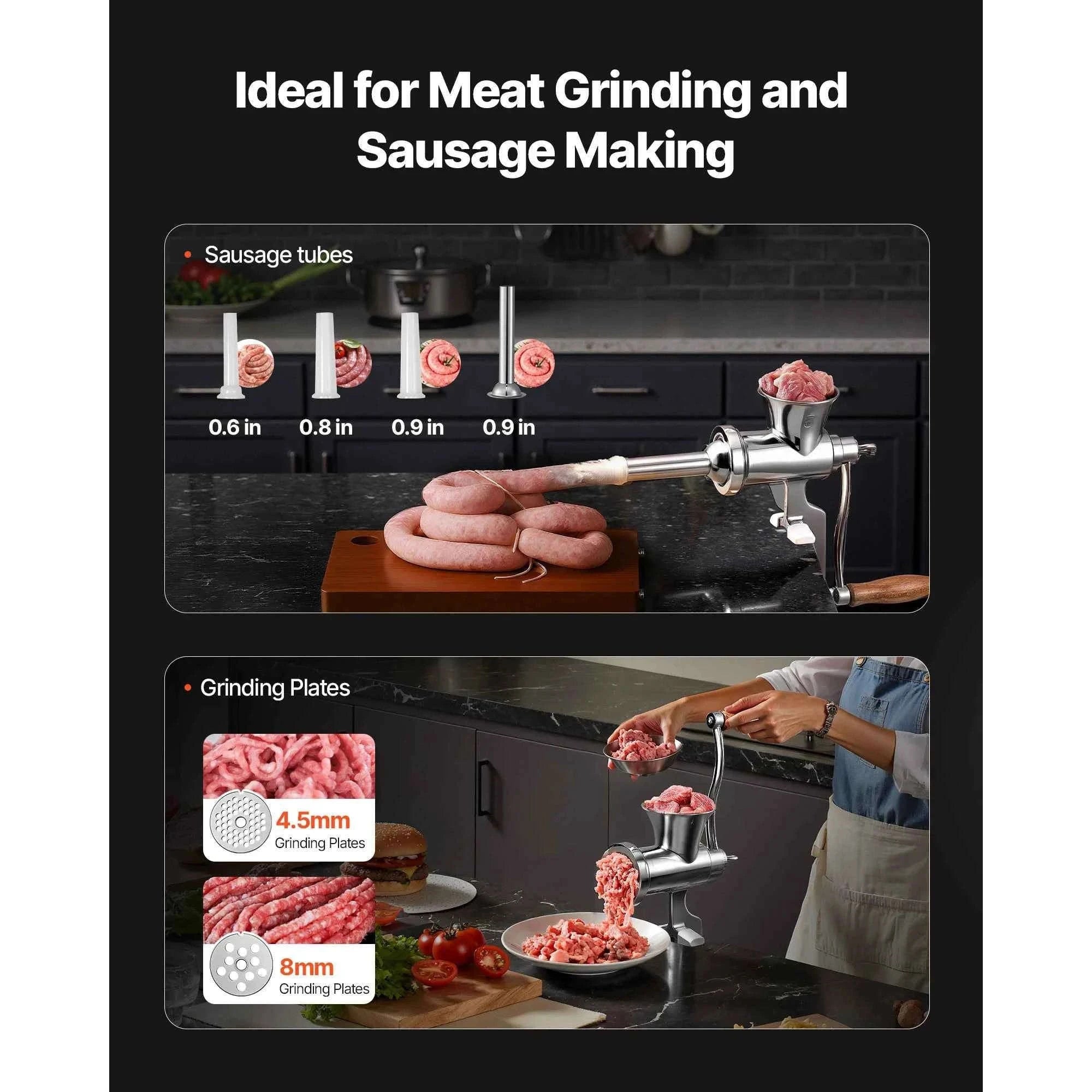 Manual Meat Grinder with Steel Table Clamp, 2 Cutting Plates & Sausage Tubes-5 Caliber / United States