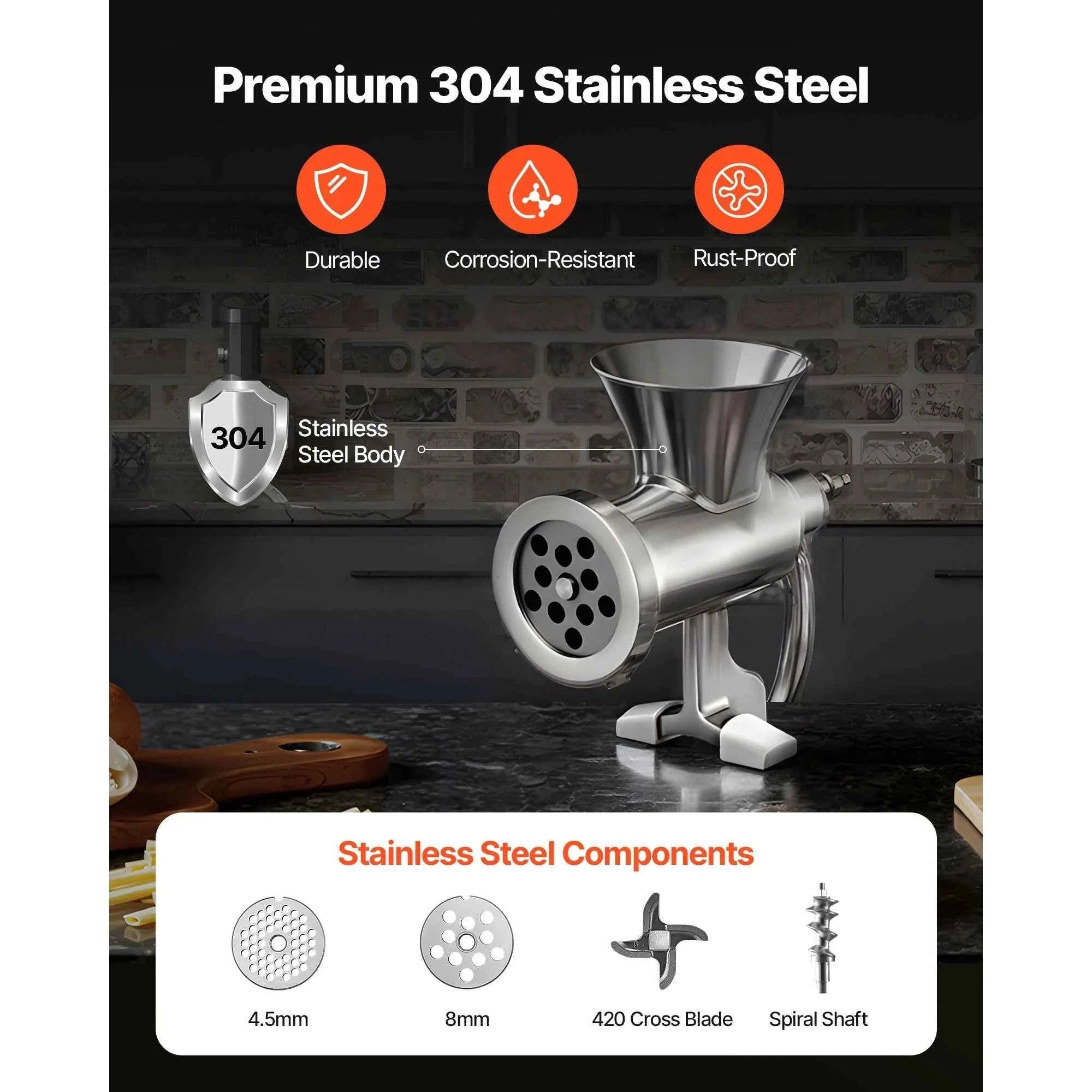Manual Meat Grinder with Steel Table Clamp, 2 Cutting Plates & Sausage Tubes-5 Caliber / United States
