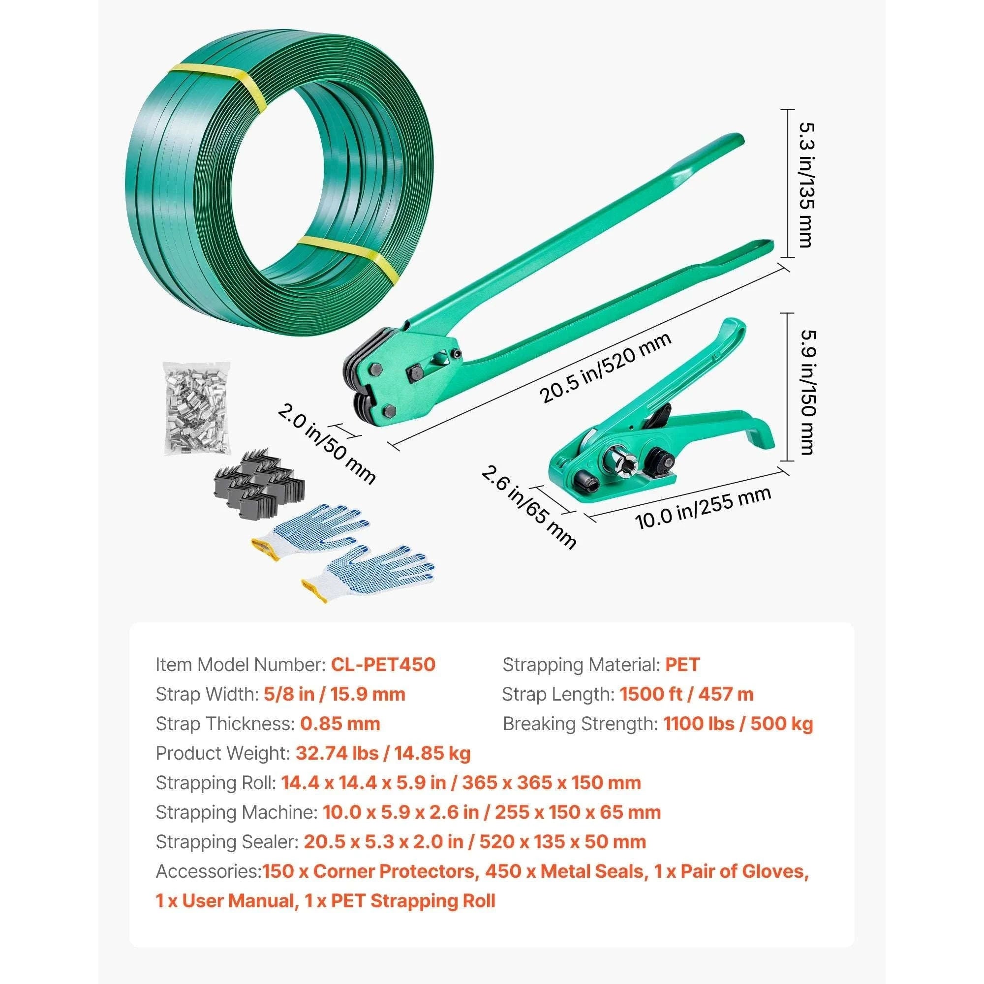 Manual Pallet Strapping Kit with 1500ft PET Band & 450 Seals-1500ft Band / United States