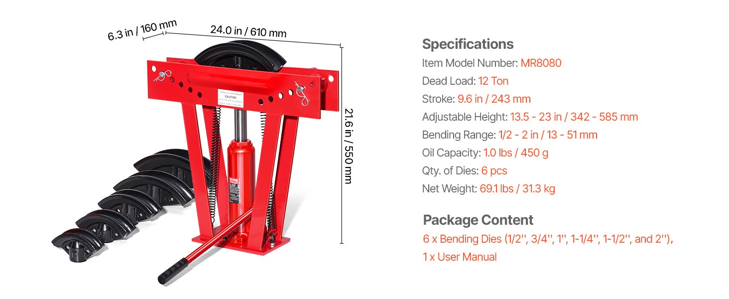 SucceBuy Hydraulic Pipe Bender 12 Ton Manual Copper Exhaust Pipe Bending Machine 6 Dies Heavy-Duty Pipe Tube Bender for Piping