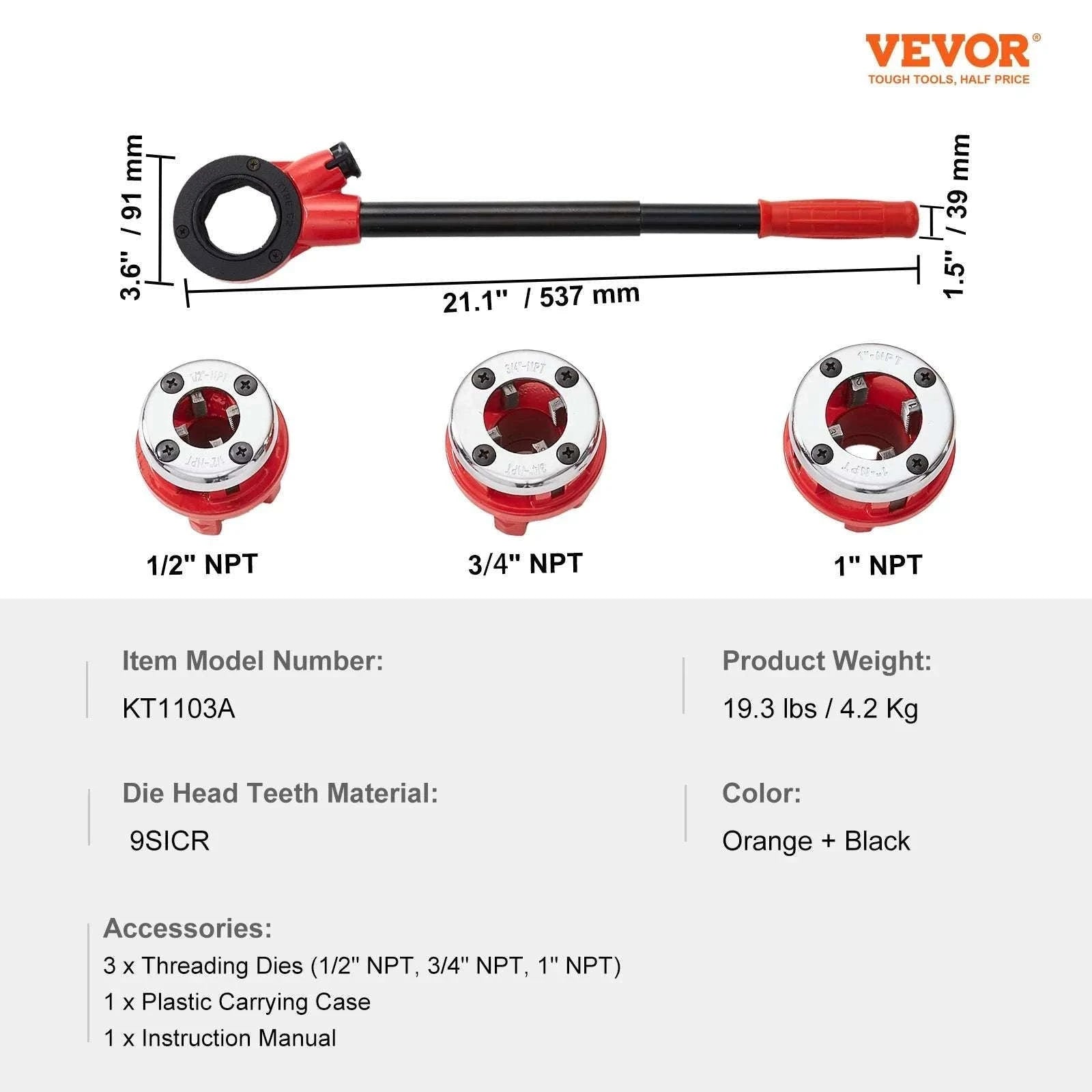 Manual Ratcheting Pipe Threader Kit with 3 NPT Sizes 1/2-1 Inch-