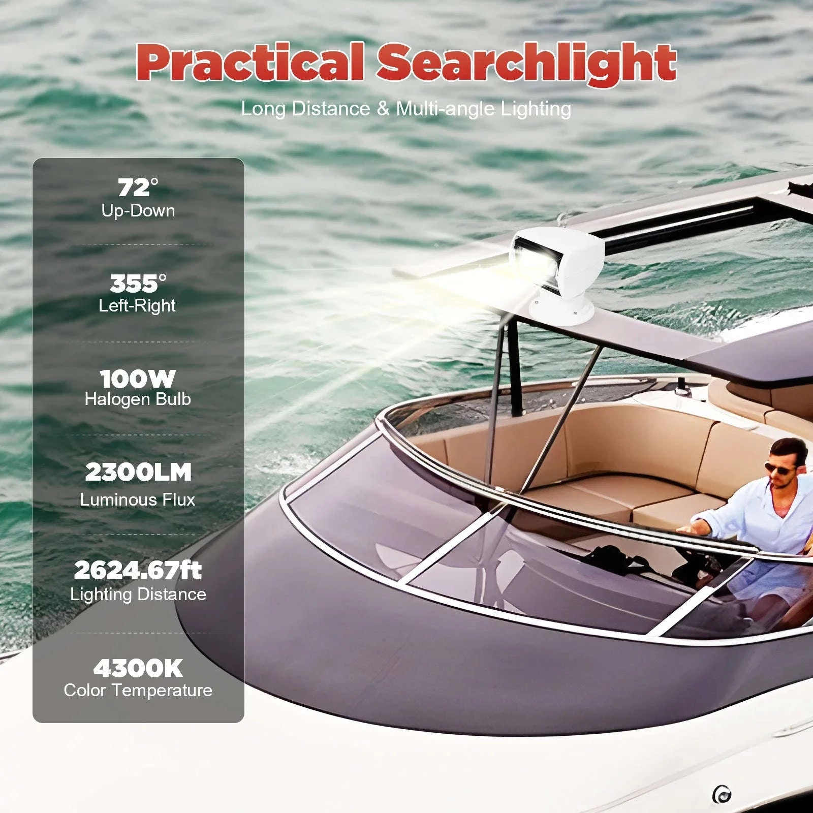Marine Searchlight Remote Control 12V 100W Waterproof White 360 Rotatable-United States