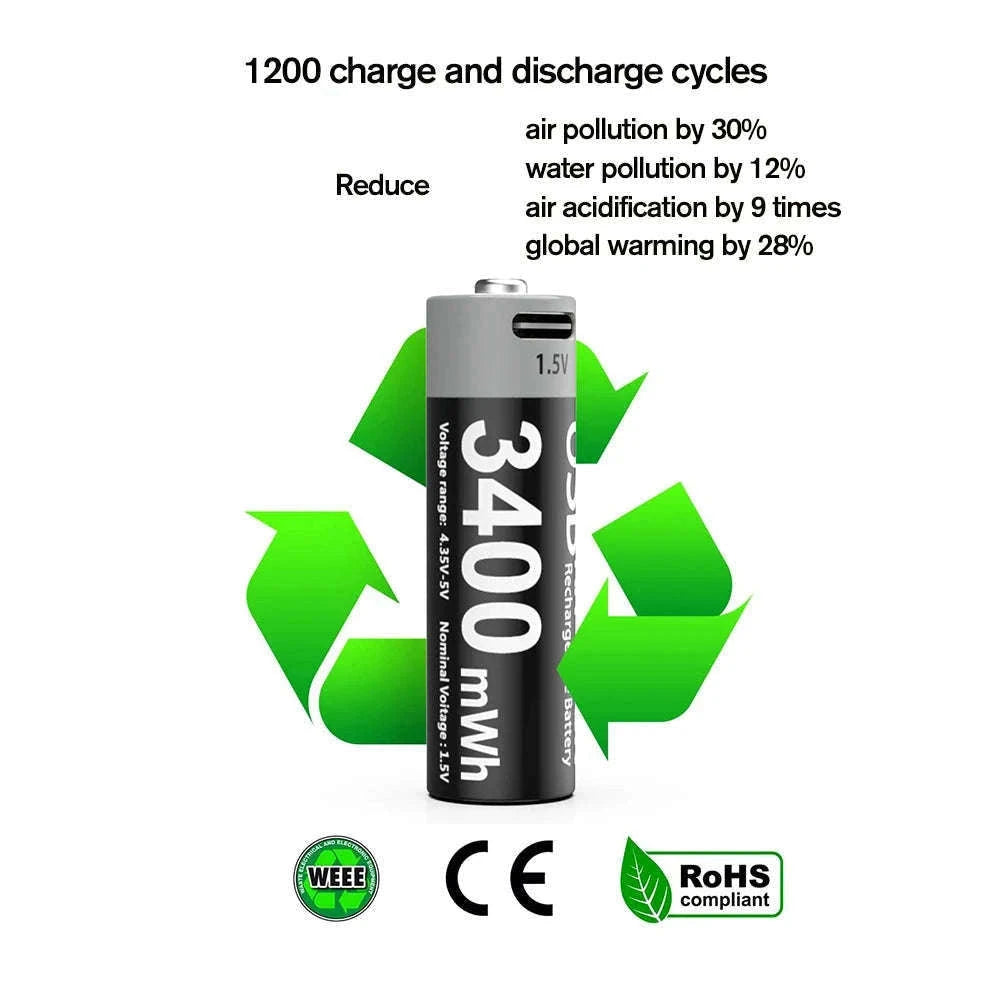 MATOV USB Rechargeable AA & AAA Li-ion Batteries-USB AA 3400mWh 2PC / 1.5V