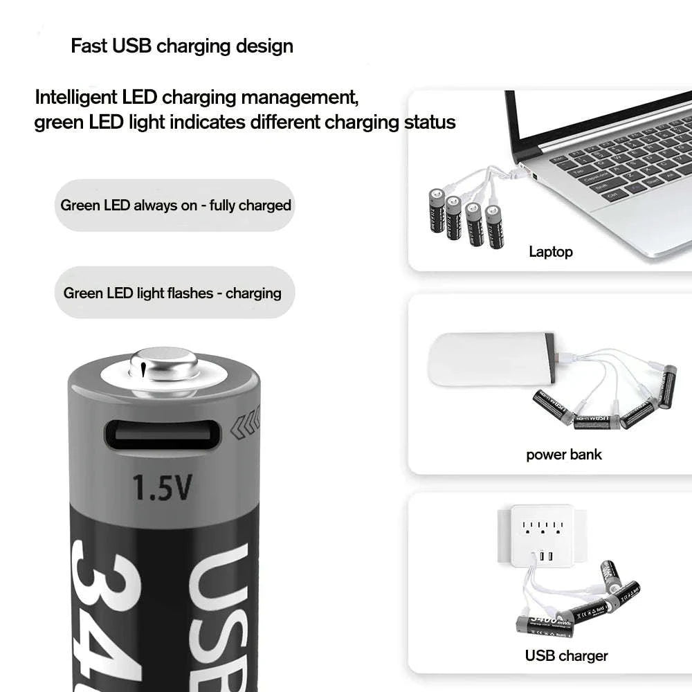 MATOV USB Rechargeable AA & AAA Li‑ion Batteries-USB AA 3400mWh 2PC / 1.5V