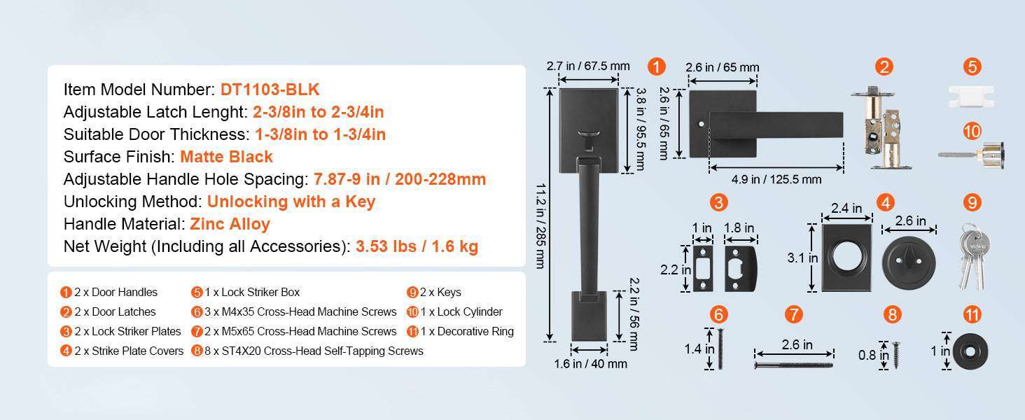 Matte Black Front Door Handle Set with Reversible Lever & Lock-Without Lock / United States