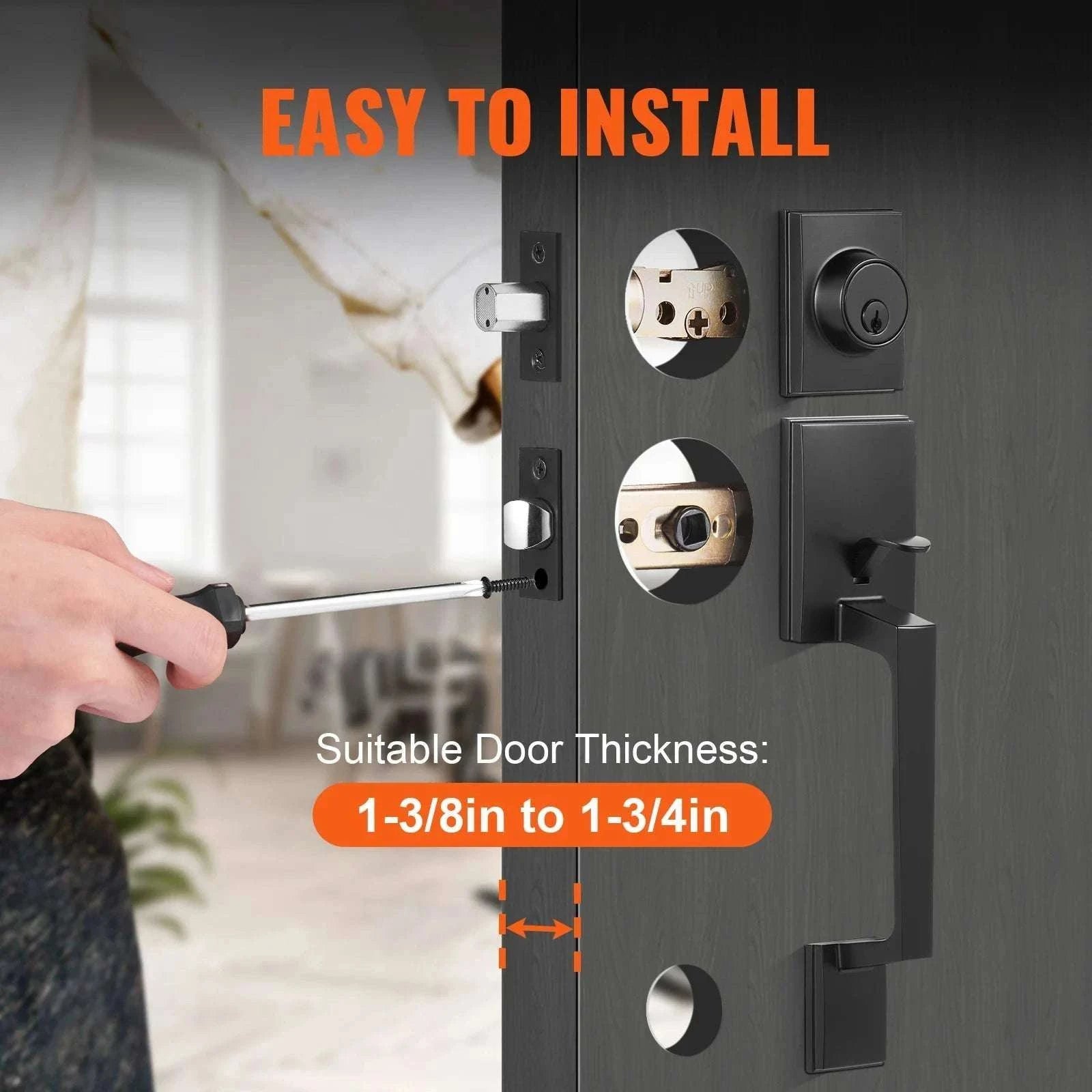 Matte Black Front Door Handle Set with Reversible Lever & Lock-Without Lock / United States