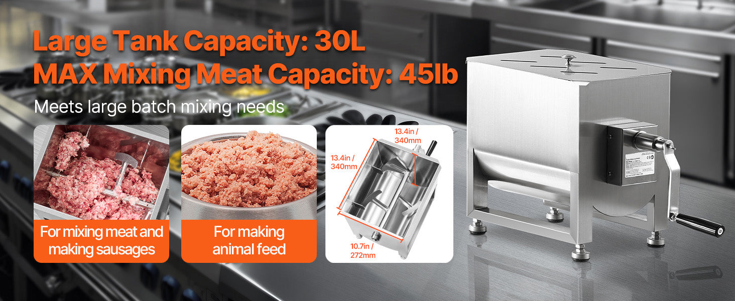 SucceBuy Manual Meat Mixer 10-60L Tank Meat Processing Equipment(Mixing Max 60LBS ) with Lid Handle Gear Reducer Hand Mixer