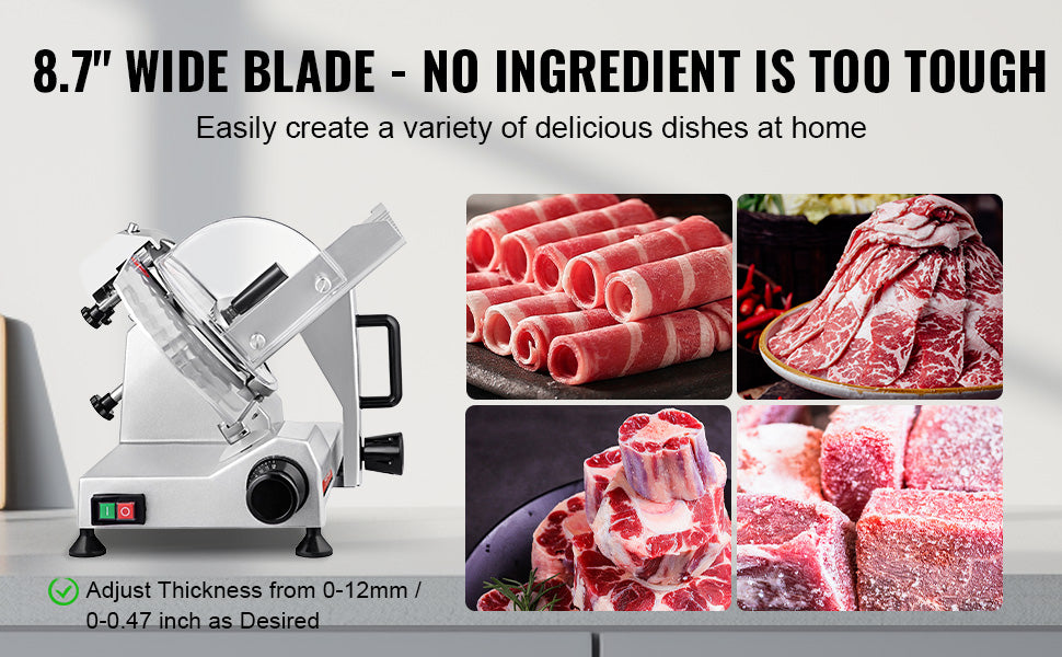 Electric Meat Slicer with Adjustable Thickness 8" Carbon Steel Blade