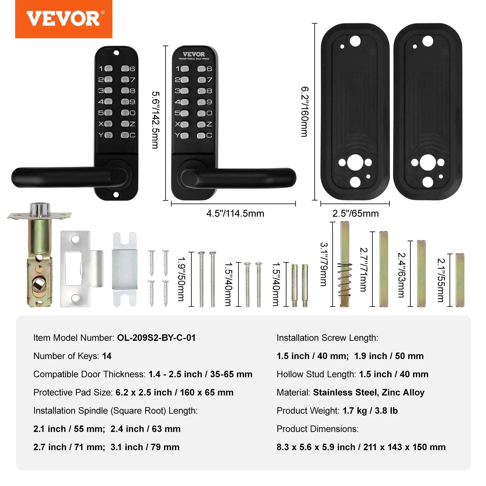 Mechanical Keyless Door Lock with 14-Digit Keypad, Auto-Locking-Single-Sided Lock / CZECH REPUBLIC