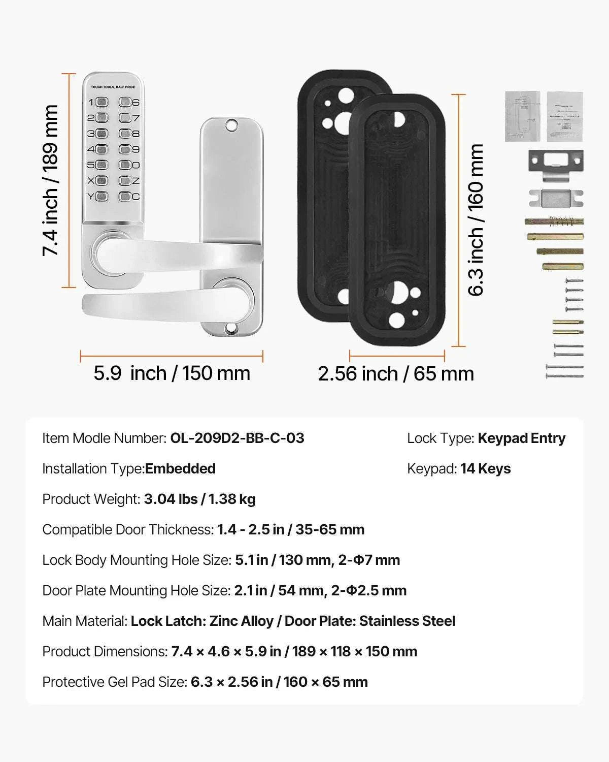 Mechanical Keyless Entry Door Lock with Auto Lock & Keypad-Silver / United States