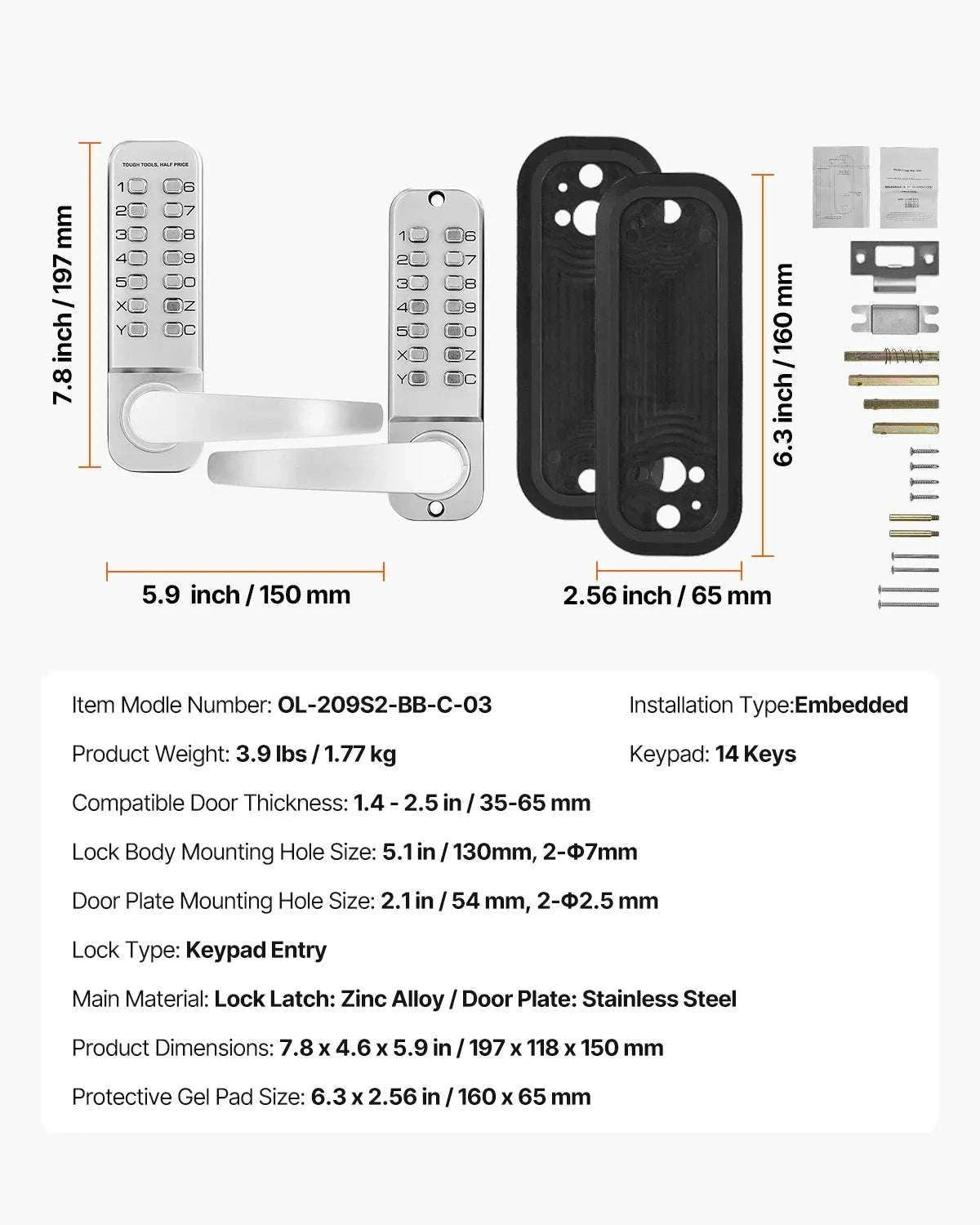 Mechanical Keyless Entry Door Lock with Auto Lock & Keypad-Silver / United States