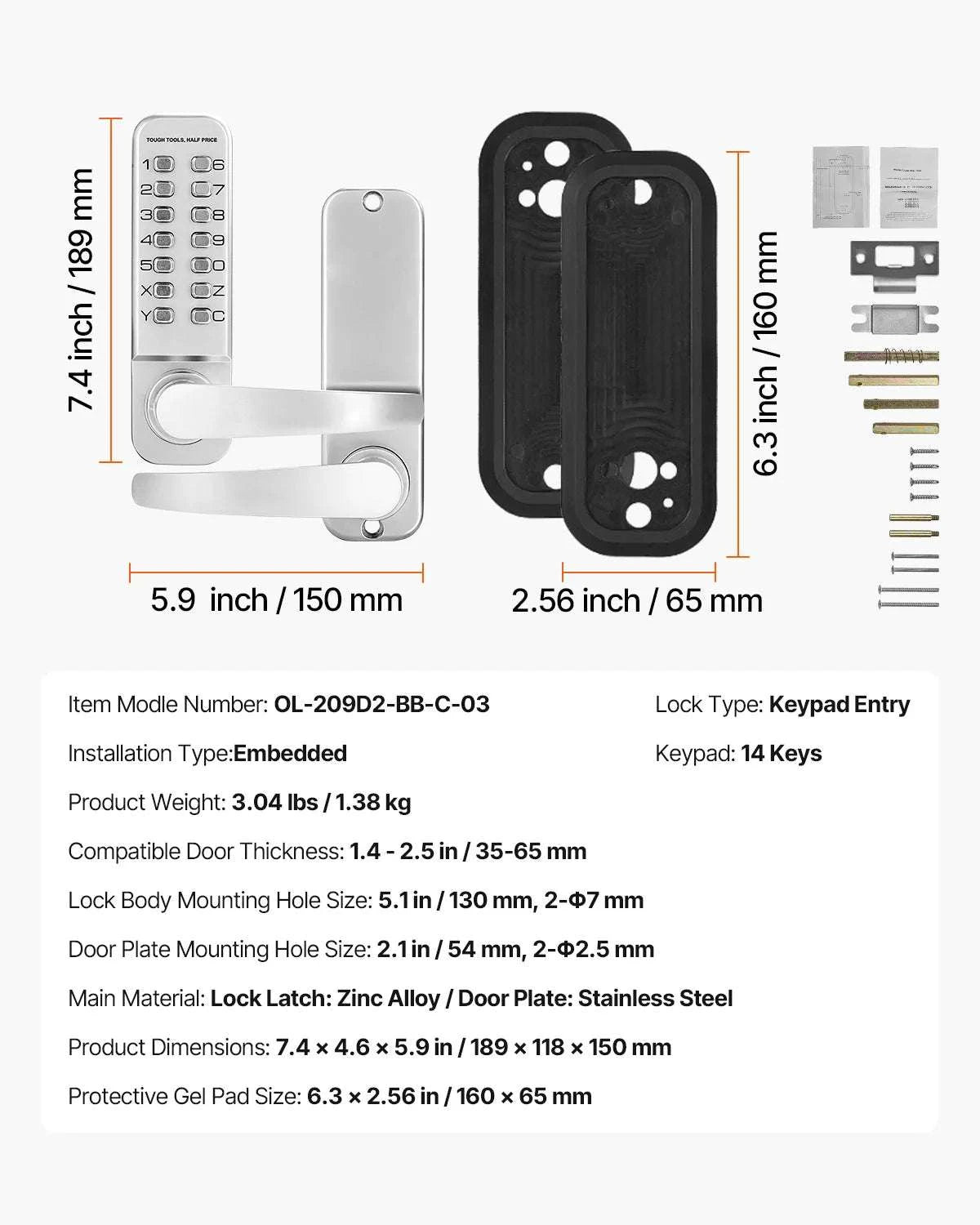 Mechanical Keyless Entry Door Lock with Auto Lock & Keypad-Silver / United States