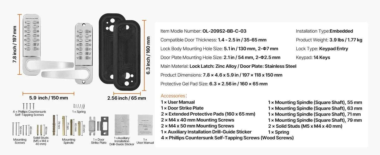Mechanical Keyless Entry Door Lock with Auto Lock & Keypad-Silver / United States