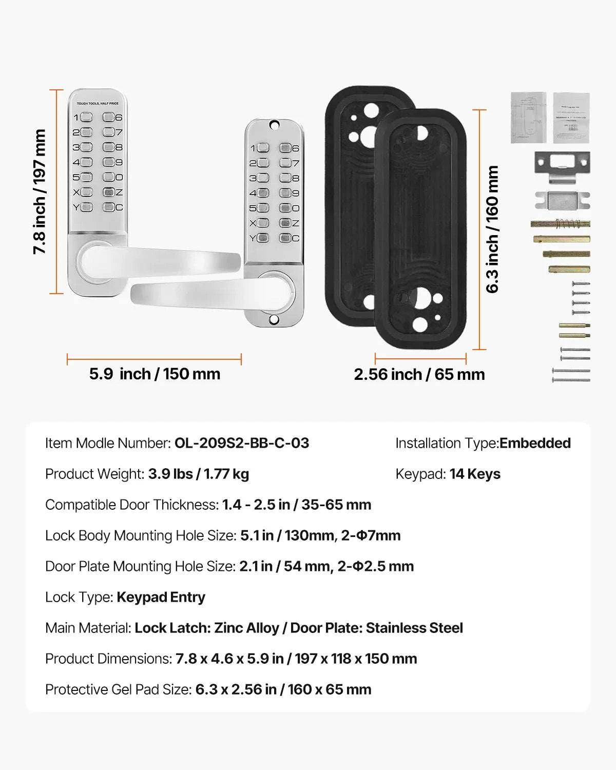 Mechanical Keyless Entry Door Lock with Auto Lock & Keypad-Silver / United States
