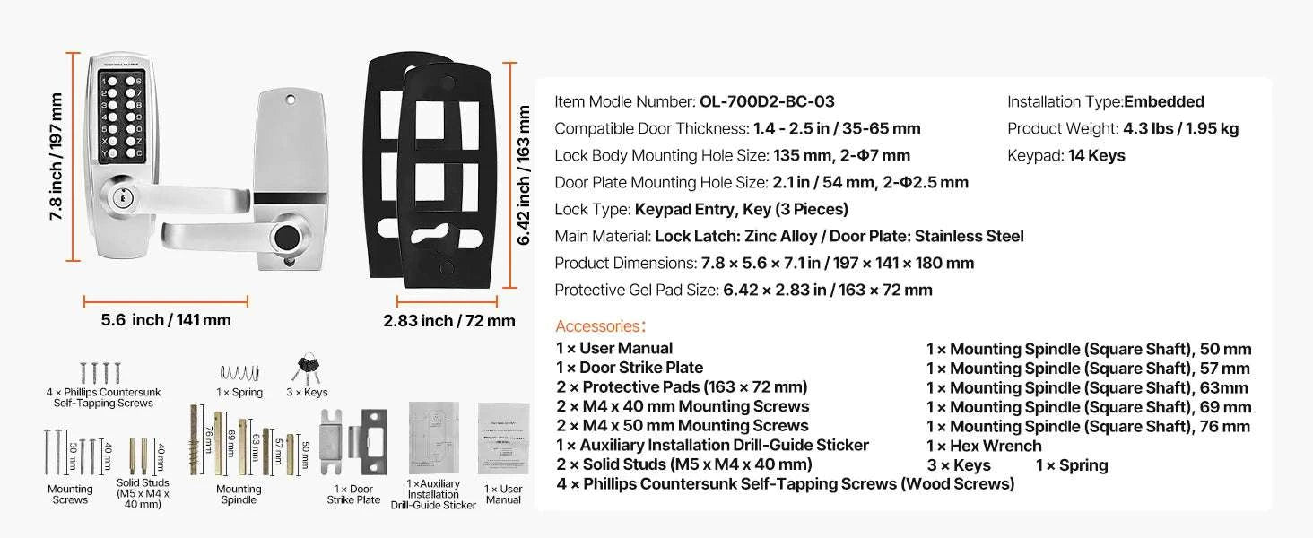 Mechanical Keyless Entry Door Lock with Auto Lock & Keypad-Silver / United States
