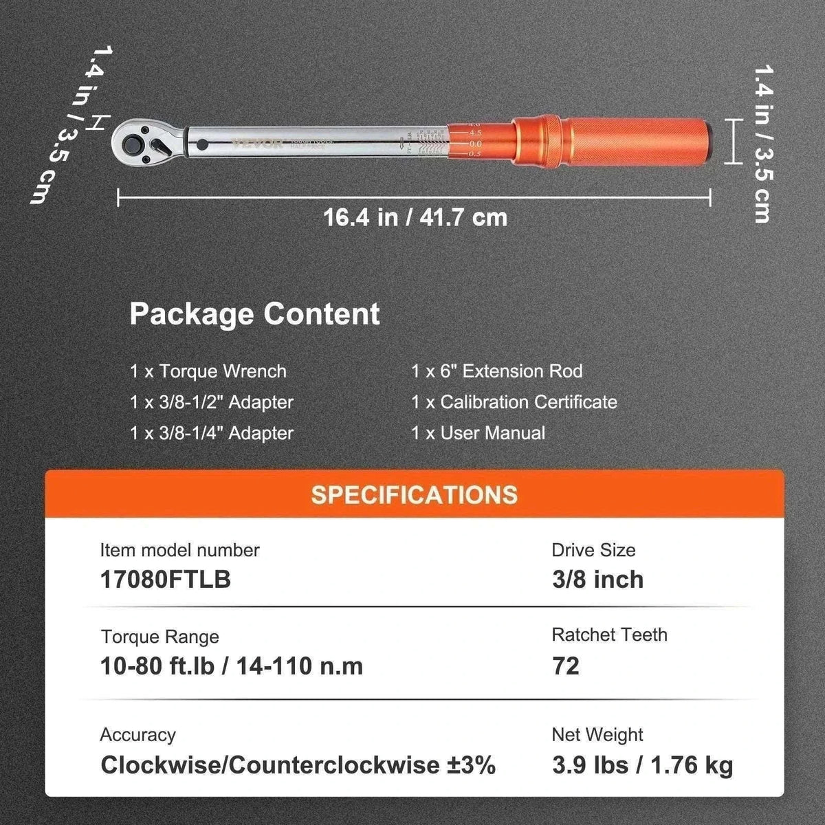 Mechanical Torque Wrench Set 1/4 3/8 1/2 Drive ±3% Precision-23.8cm 20-200ft.lb / spain