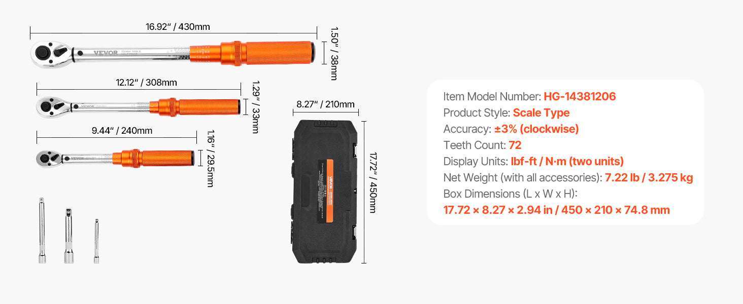 Mechanical Torque Wrench Set 1/4 3/8 1/2 Drive ±3% Precision-