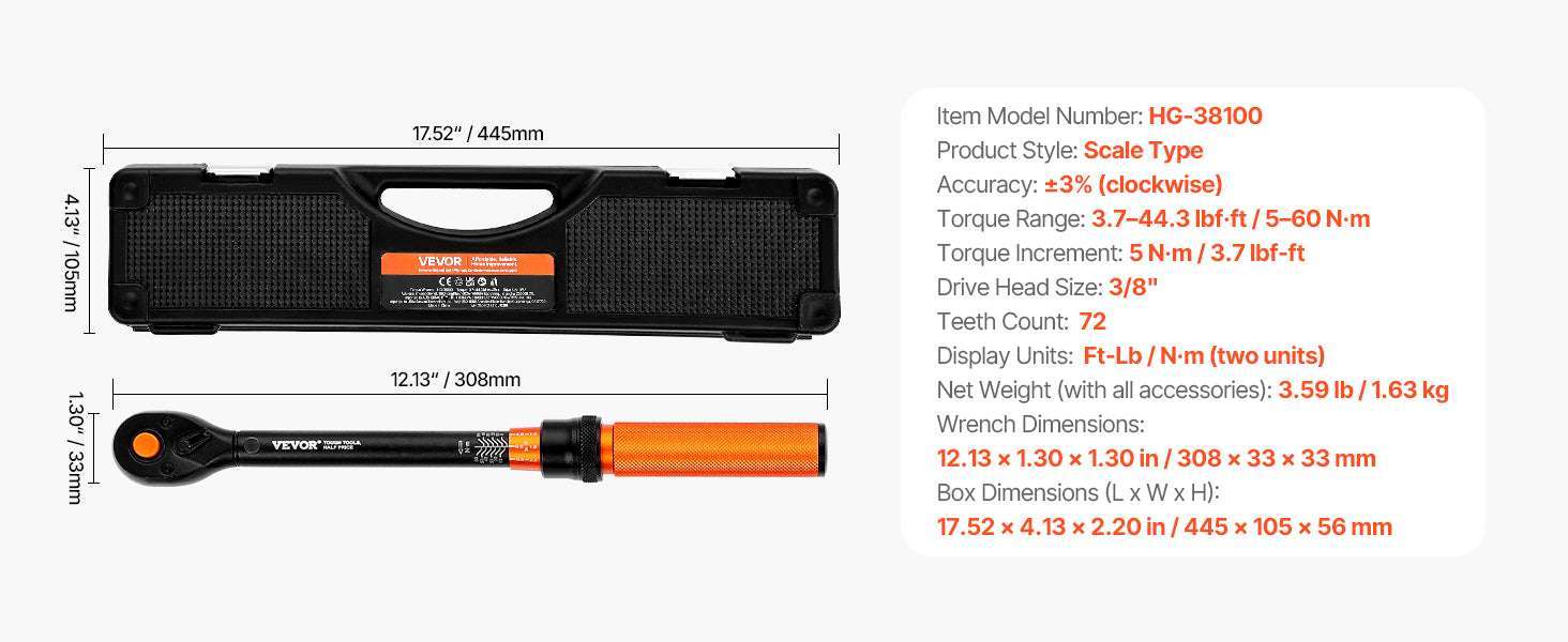 Mechanical Torque Wrench Set 1/4 3/8 1/2 Drive ±3% Precision-