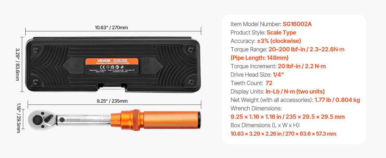 Mechanical Torque Wrench Set 1/4 3/8 1/2 Drive ±3% Precision-