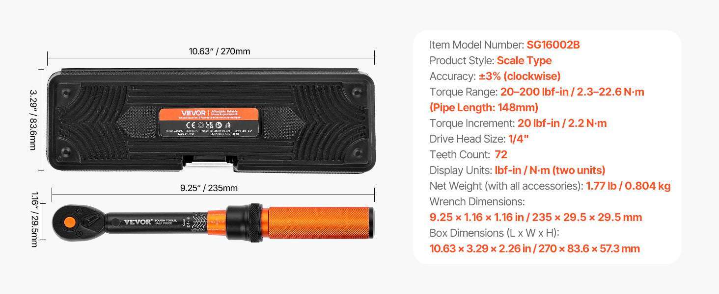 Mechanical Torque Wrench Set 1/4 3/8 1/2 Drive ±3% Precision-