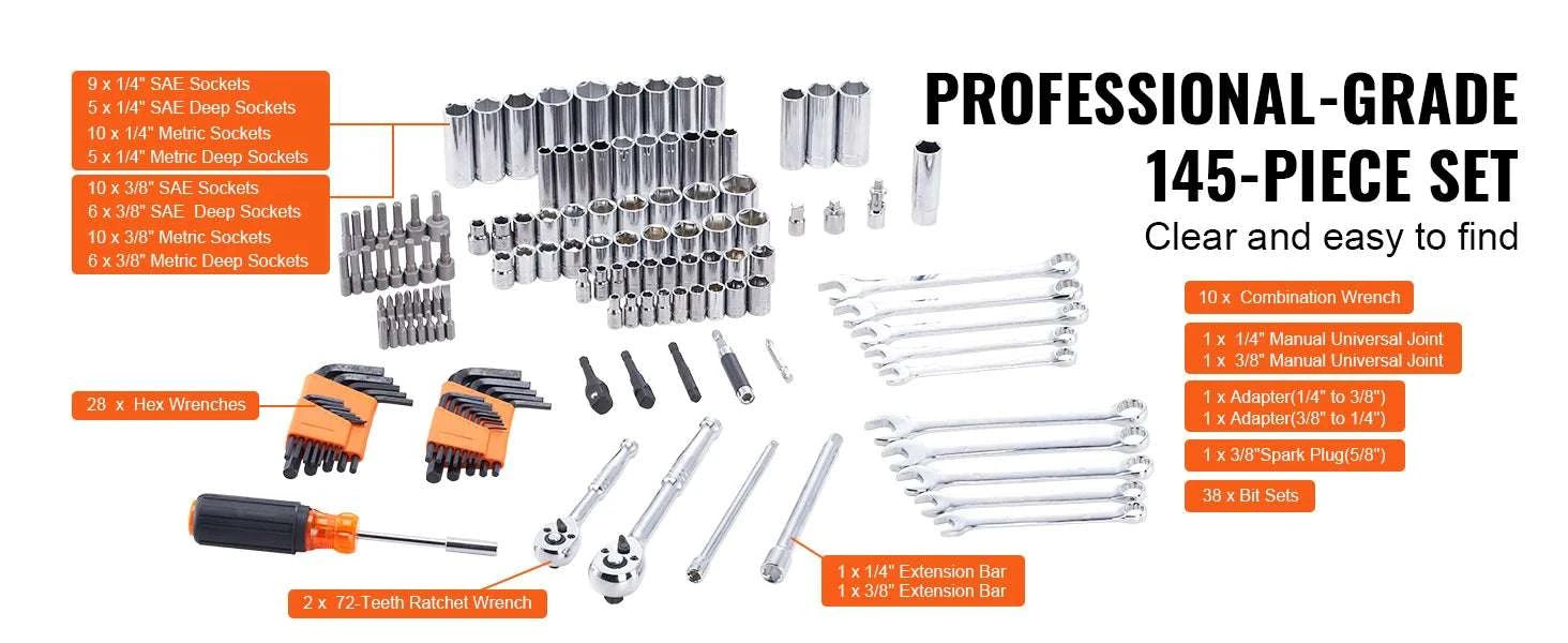 Mechanics Tool Set with SAE & Metric Sockets 145/205 Pcs Kit-XL3264 205 PCs / United States