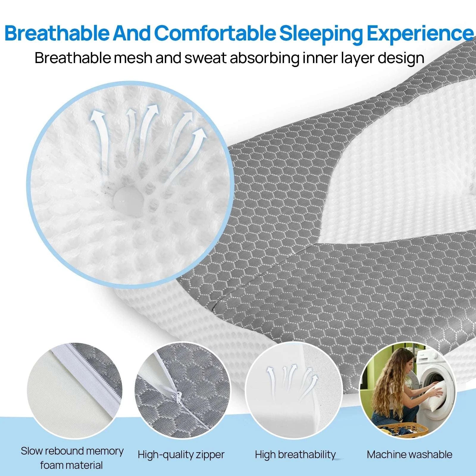 Memory Foam Cervical Neck Pillow with Cooling Cover & Dual Height-Gray / United States