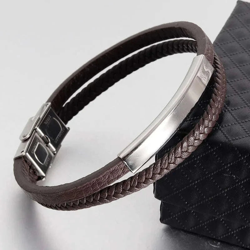 Men's Black Genuine Leather Double-Layer Braided Bracelet-Style 6 / 18.5cm