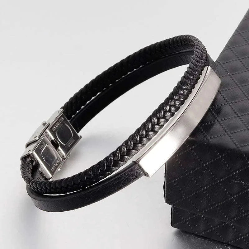 Men's Black Genuine Leather Double-Layer Braided Bracelet-Style 6 / 18.5cm