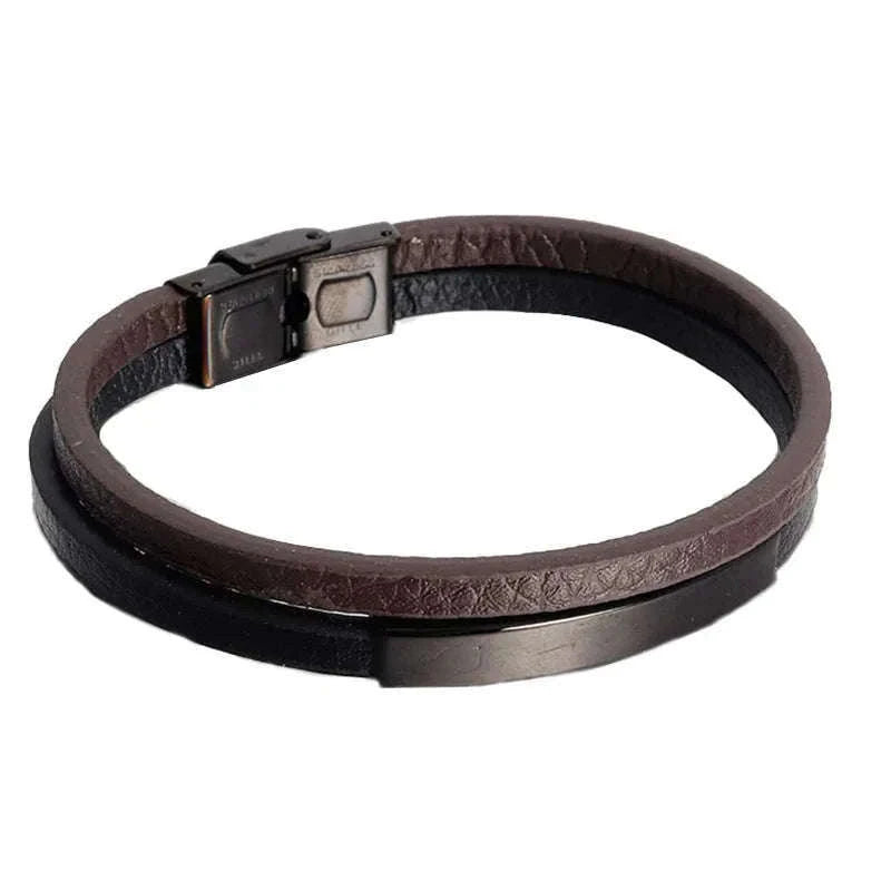 Men's Black Genuine Leather Double-Layer Braided Bracelet-Style 6 / 18.5cm