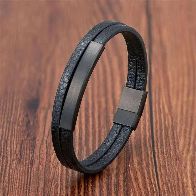 Men's Black Genuine Leather Double-Layer Braided Bracelet-Style 6 / 18.5cm