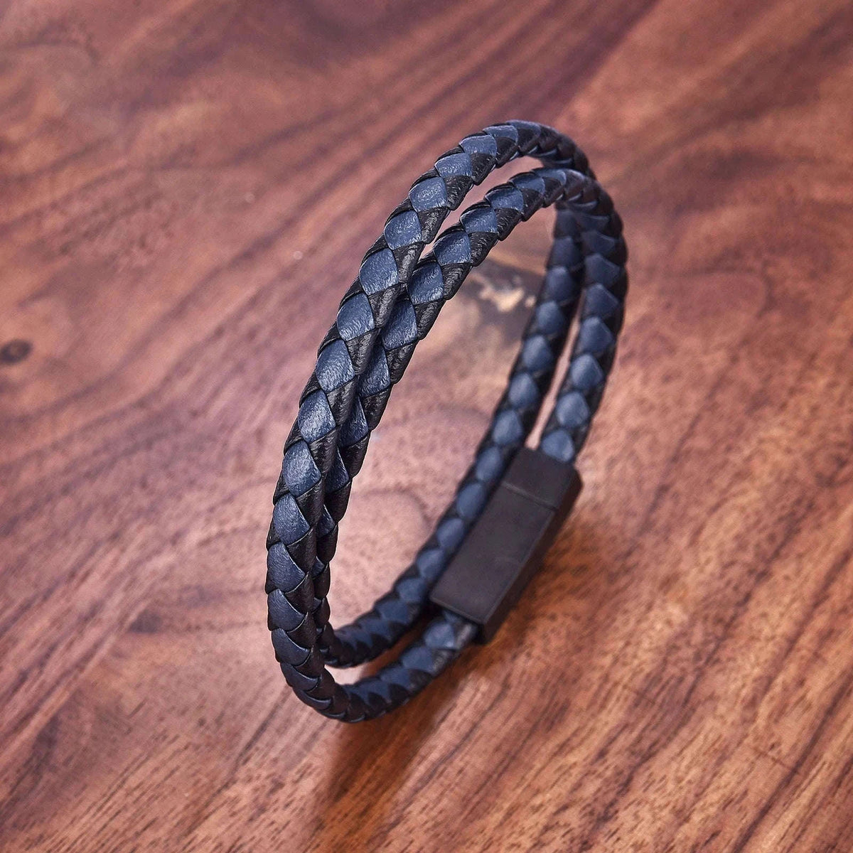 Men's Black Genuine Leather Double-Layer Braided Bracelet-Style 6 / 18.5cm