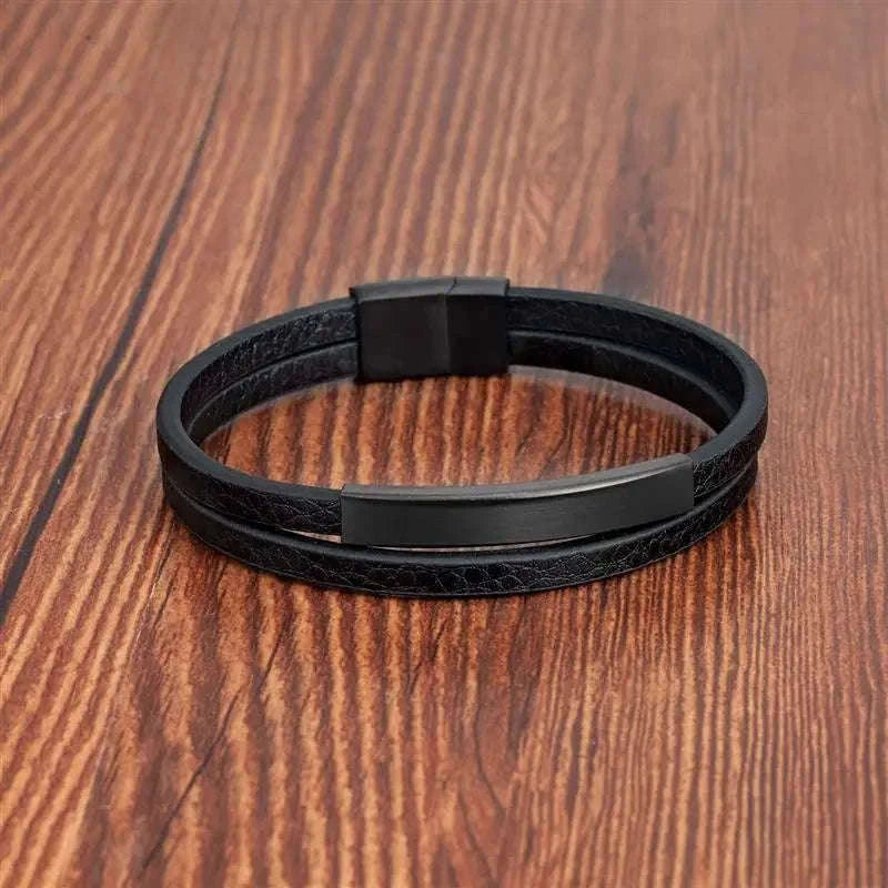 Men's Black Genuine Leather Double-Layer Braided Bracelet-Style 6 / 18.5cm