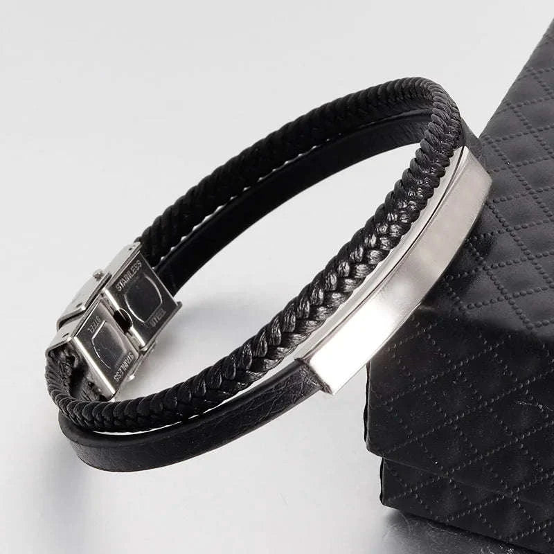 Men's Black Genuine Leather Double-Layer Braided Bracelet-Style 6 / 20.5cm