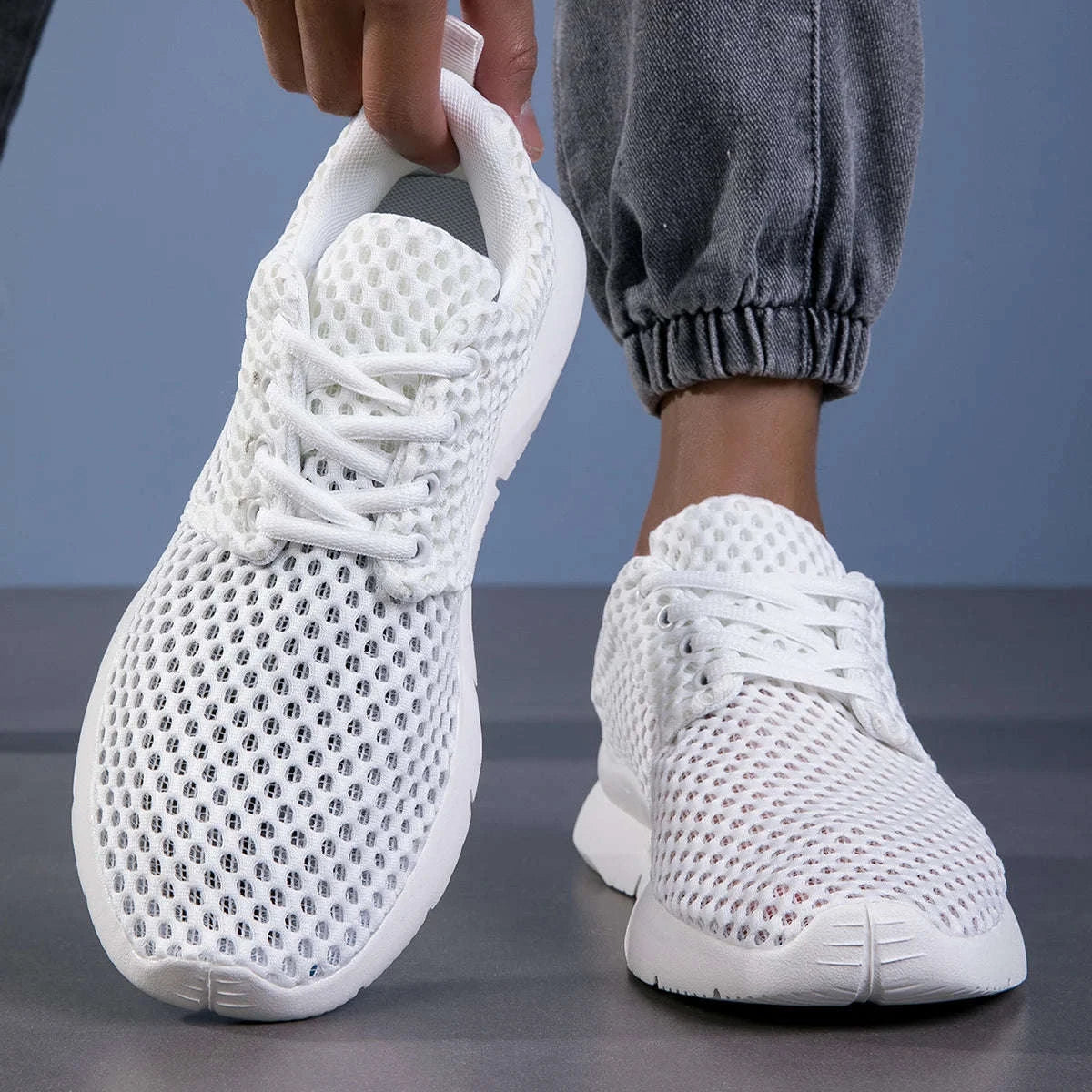 Men’s Breathable Mesh Summer Shoes Lightweight Casual Hiking Sneakers-White / 45