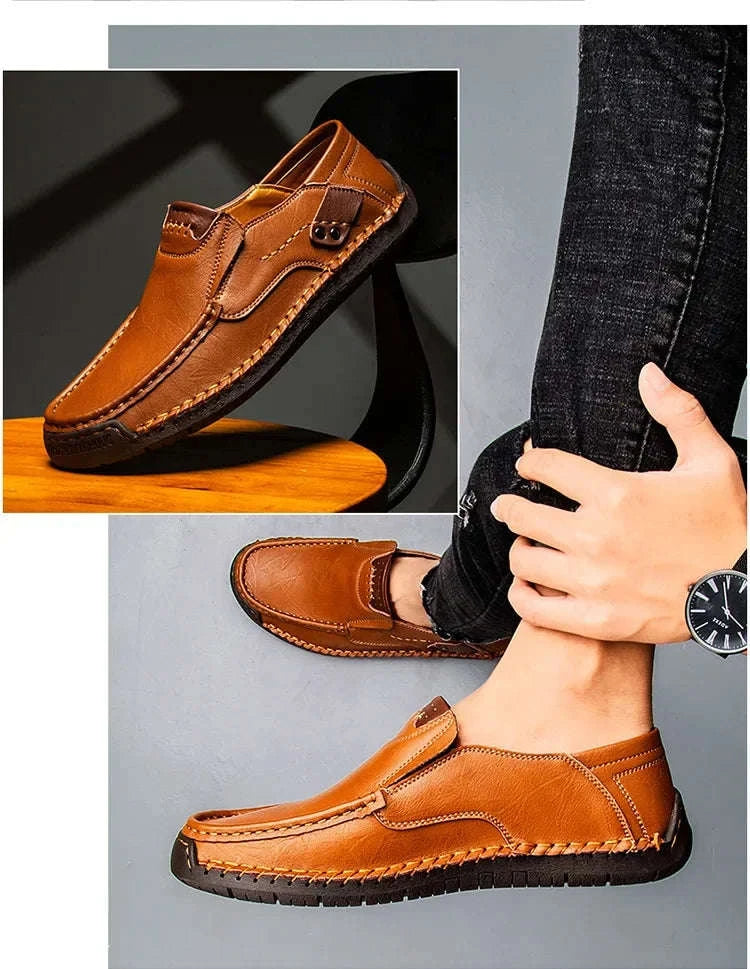Men's Breathable Slip-On Leather Loafers-Light Brown / 48