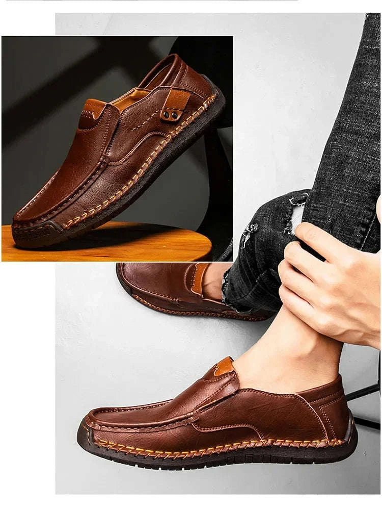 Men's Breathable Slip-On Leather Loafers-Light Brown / 48