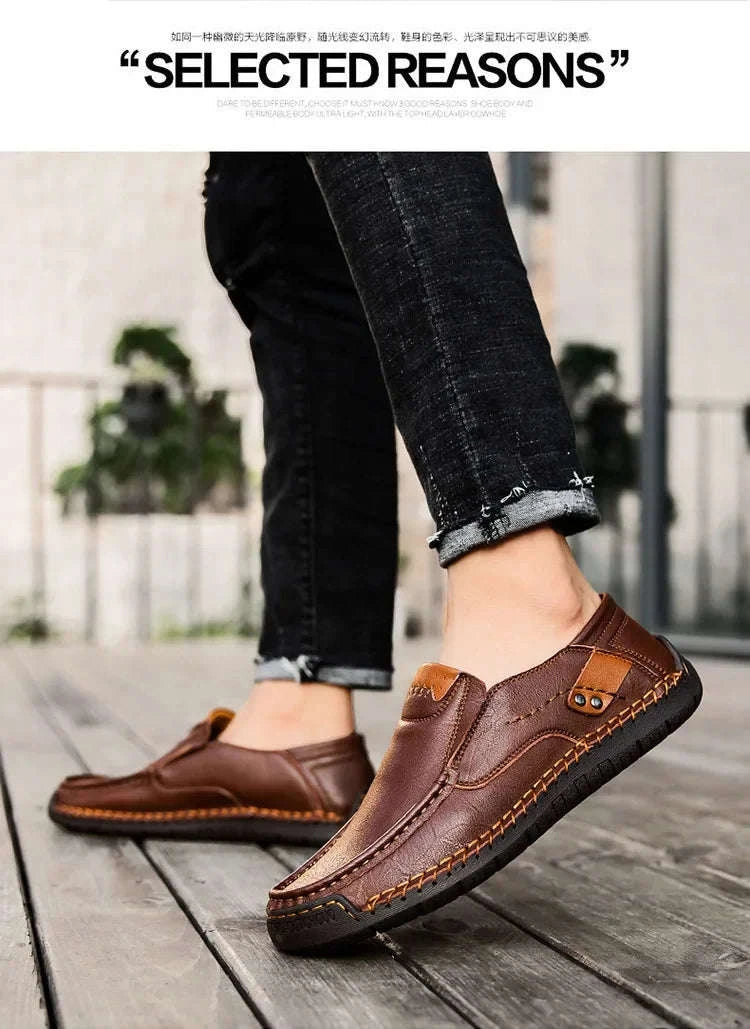 Men's Breathable Slip-On Leather Loafers-Light Brown / 48