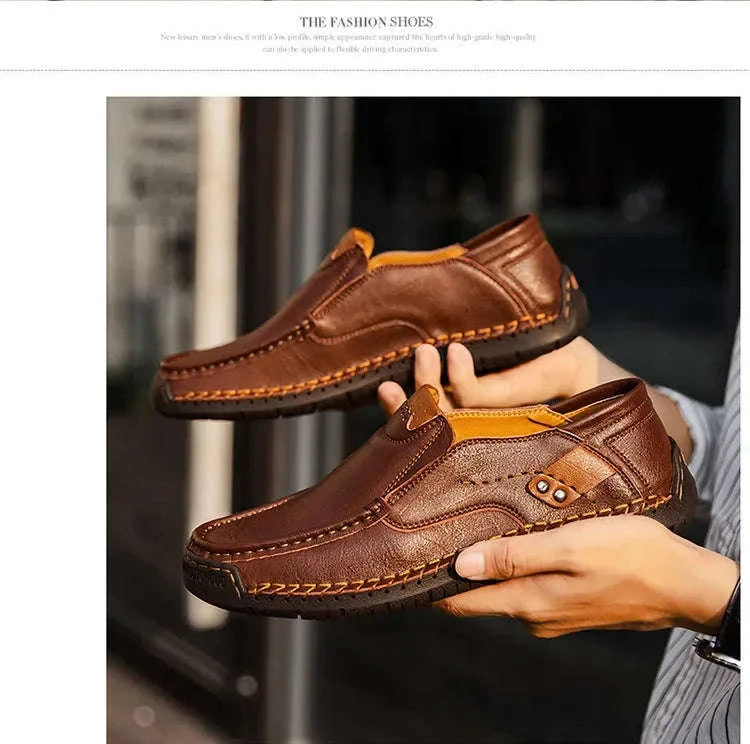 Men's Breathable Slip-On Leather Loafers-Light Brown / 48